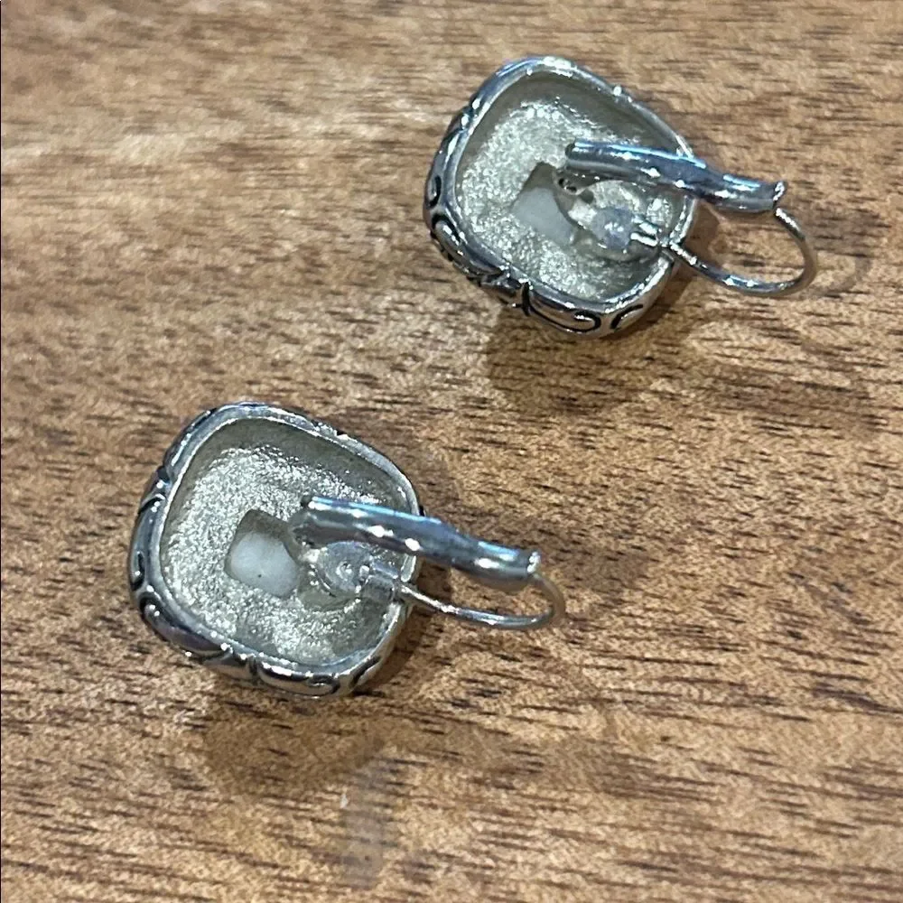 Vintage Silver and White Square Earrings GUC Faux Mother of Pearl